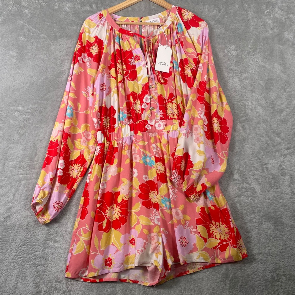NWT Emily Wonder Women Pink Red Floral Long Sleeve Romper Size M